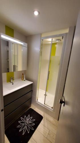 une salle de bain avec un lavabo, une douche et un miroir dans l'établissement Villa Familiale, Vue sur Mer, Accès Direct Plage, à Saint-Gilles-Croix-de-Vie