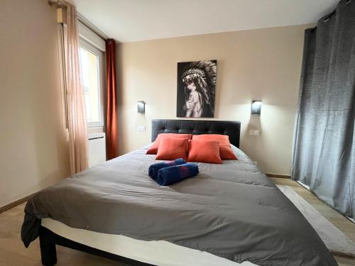 a bedroom with a large bed with red pillows at Le Cocon - T2 Neuf avec Parking - Proche Hypercentre & Disneyland in Lagny