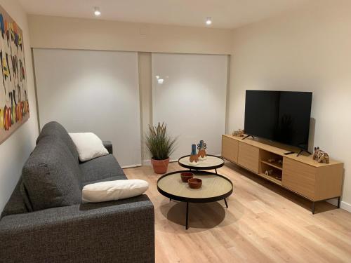 a living room with a couch and a flat screen tv at LAS TERRAZAS I in Ourense