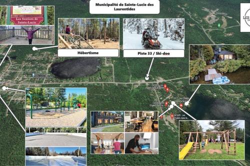 a collage of pictures of a park with people and a playground at Le1613 - Bord de l'eau - Les chalets dans le nord in Val-David