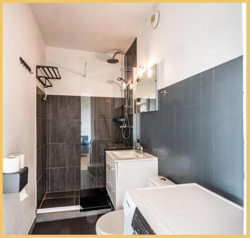 uma casa de banho com um lavatório, um WC e um chuveiro em Chez Fan & Alex St Julien em Saint-Julien-en-Genevois