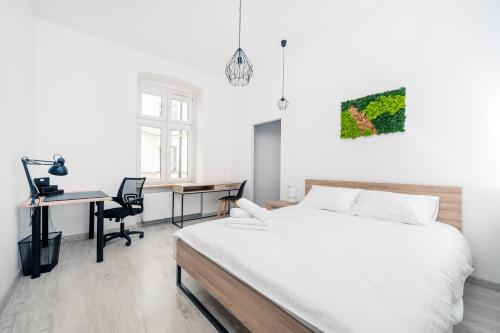 Schlafzimmer mit einem Bett und einem Schreibtisch mit einem Computer in der Unterkunft Piotrkowska Modern Apartment in Łódź