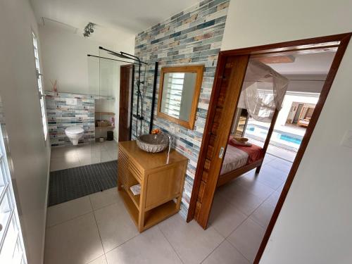 a bathroom with a shower and a sink in a room at Villa Ishika - Meublé de tourisme 4 étoiles in Saint-François