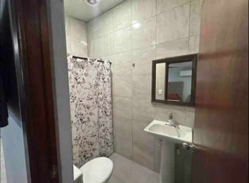 ein Badezimmer mit einem WC, einem Waschbecken und einem Spiegel in der Unterkunft PATO´S in Ciudad Victoria