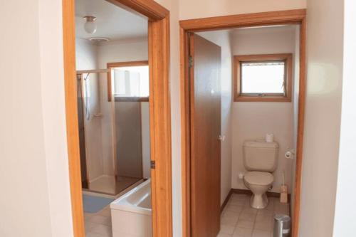 La salle de bains est pourvue de toilettes, d'une douche et d'un lavabo. dans l'établissement Wonderful Semi-rural House With Breath-taking View, à Templestowe