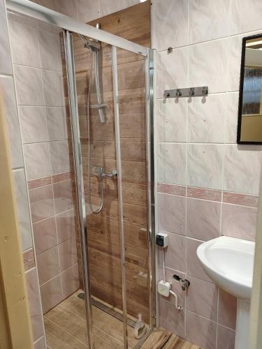 a bathroom with a shower and a sink at Domek w Dolinie Zimnika in Lipowa