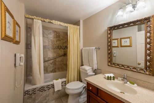 a bathroom with a toilet and a sink and a mirror at Quarter House Suites in New Orleans