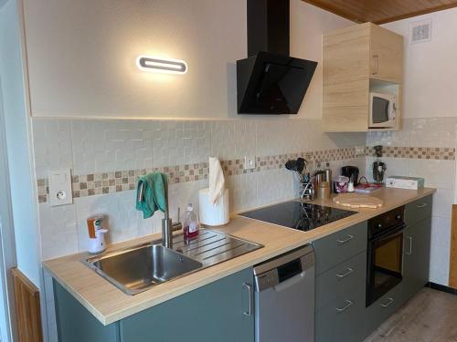 eine Küche mit einer Spüle und einer Arbeitsplatte in der Unterkunft La maison du lavoir in Fain-lès-Montbard