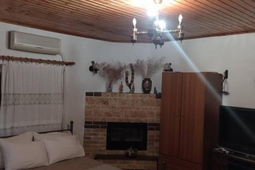 sala de estar con chimenea y TV en Grapes and Roses 2, en Igoumenitsa