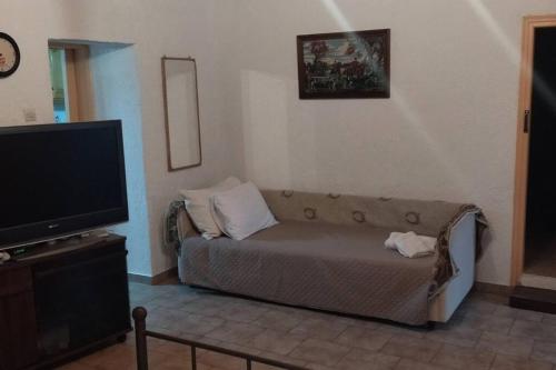 sala de estar con sofá y TV de pantalla plana en Grapes and Roses 2, en Igoumenitsa