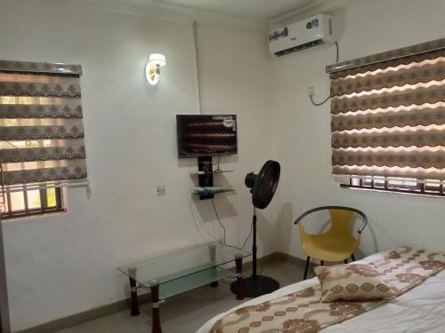 a bedroom with a bed and a tv on a wall at Cossy Luxury Hotel and Apartments in Galadima