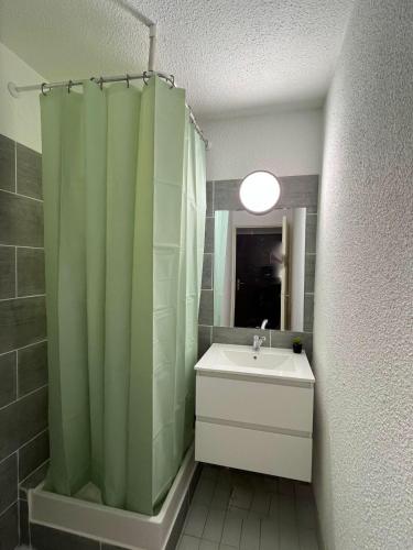 une salle de bain avec un lavabo et une douche dans l'établissement T2 ,4 couchages ,Climatisé ,Terrace ,en face d'Aqualand ,plage Rochelongue, au Cap d'Agde