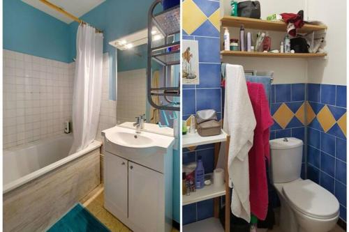 エマルグにある3 appartements pour 15 pers dans un châteauの洗面台とトイレ付きのバスルームの写真2枚