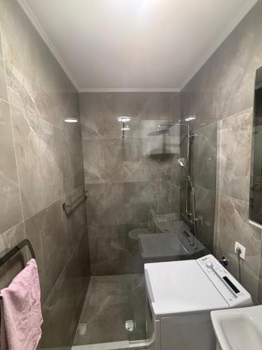 ein Bad mit einer Dusche, einem WC und einem Waschbecken in der Unterkunft Petar Apartment in Podgorica