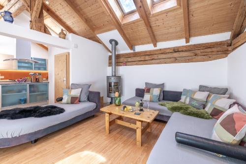 a living room with two couches and a table at Chasa Mayer in Scuol