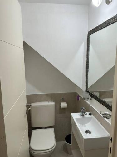a bathroom with a white toilet and a sink at Departamento en Plaza España in Córdoba