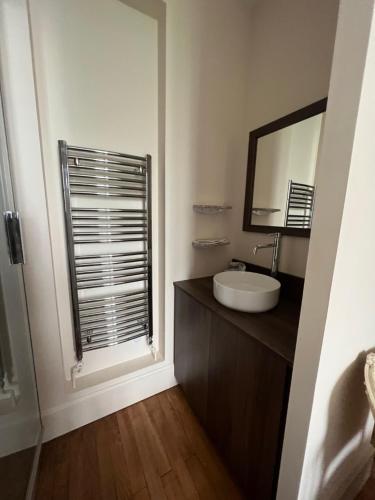 La salle de bains est pourvue d'un lavabo, d'un miroir et d'une fenêtre. dans l'établissement HYPER CENTRE, logement climatisé avec PARKING SECURISE, à Clermont-Ferrand