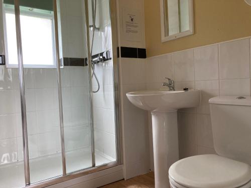 a bathroom with a shower and a toilet and a sink at Brixham Holiday Park Silver Albatross - Pet Friendly in Brixham