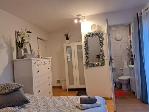 a bedroom with a bed and a mirror and a bathroom at Willa Krakowia in Krzeszowice