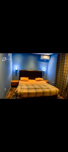 a bedroom with a bed with a blue wall at CIDMAT VILLA in Freetown