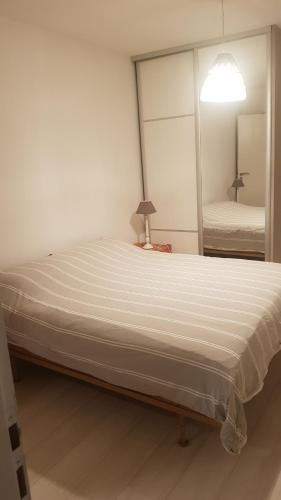 1 dormitorio con 1 cama grande y espejo en Entre lac et montagnes, en Neuvecelle