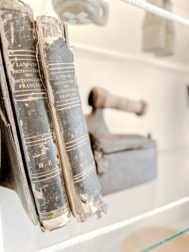 two books sitting on a shelf next to a sink at Mountain Bliss Guesthouse 2 next to Sougia in Agrilés