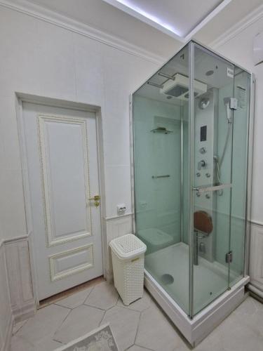 ein Badezimmer mit Dusche und Glastür in der Unterkunft Апартаменты в центре города in Aqtau