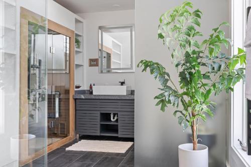 een badkamer met een wastafel en een potplant bij Urban Treehaus in Minneapolis