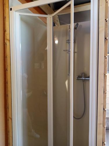 un bagno con doccia e porta in vetro di Glamping - La Giara a San Demetrio Corone
