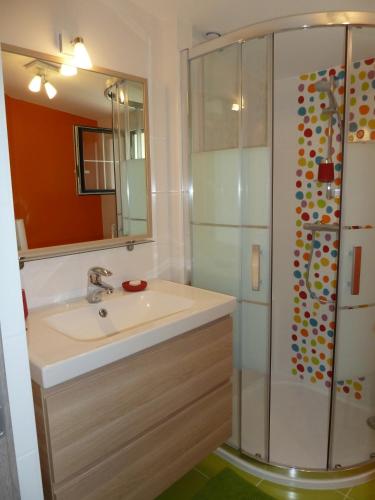 une salle de bain avec un lavabo et une douche dans l'établissement La maison charentaise, à Médis