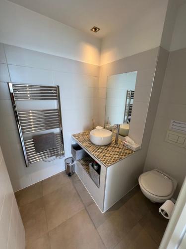 une salle de bain avec un lavabo, des toilettes et un miroir dans l'établissement Studio magnifique vue mer, à Menton