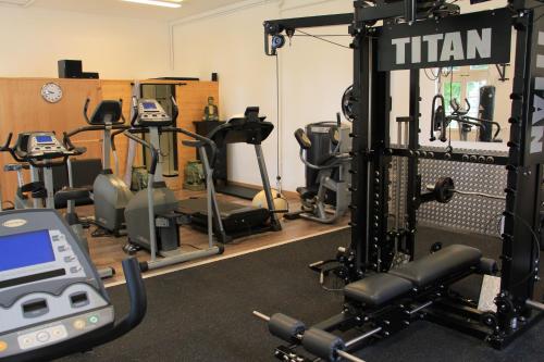 une salle de sport avec plusieurs tapis de course et machines dans l'établissement Château d'Amenon à 35mn du circuit du Mans et 35mn de Tours, à La Chapelle-aux-Choux