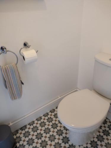 a bathroom with a toilet and a roll of toilet paper at Robin Hill Cottage in Amesbury