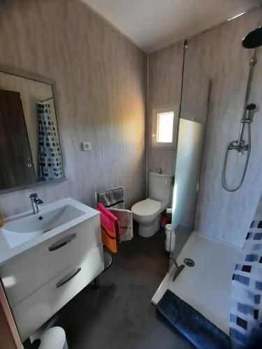 ein Bad mit einem Waschbecken, einem WC und einer Dusche in der Unterkunft Chez Marc in Lubersac