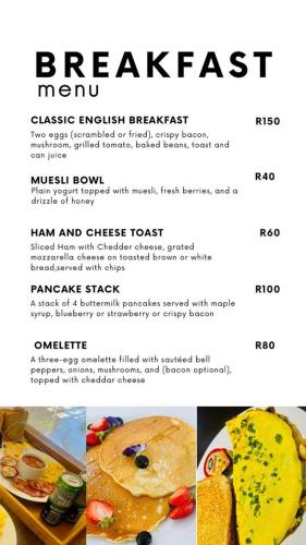 a page of a menu for a breakfast meal at The Bliss Boutique in Louis Trichardt