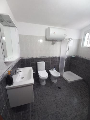 W łazience znajduje się umywalka, toaleta i prysznic. w obiekcie VodaHouse w Gjirokastrze