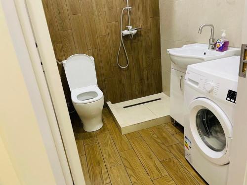 ein Badezimmer mit einem WC und einer Waschmaschine in der Unterkunft Tbilis in Tbilisi City