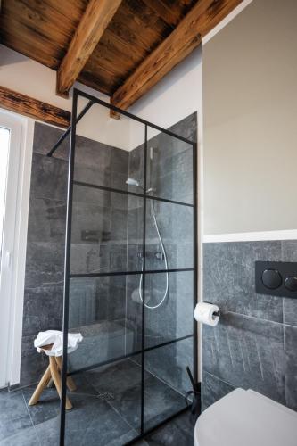 a bathroom with a shower with a glass door at SAUERLAND CHALETS - "Die Chalets am Bergelchen" in Winterberg