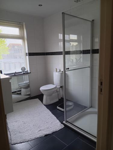 a bathroom with a shower and a toilet and a sink at complete woning met zonnige achtertuin in Gouda