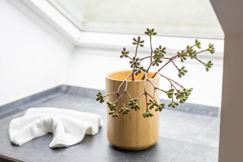 a wooden container with a plant in it on a table at SAUERLAND CHALETS - "Die Chalets am Bergelchen" in Winterberg