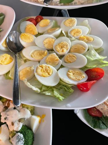 a plate of hard boiled eggs and vegetables on a plate at Villa Park in Siedlce