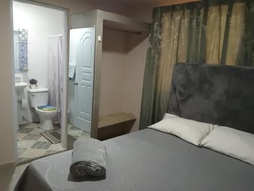 a bedroom with a bed and a bathroom with a toilet at Villa rozenuda in El Higo