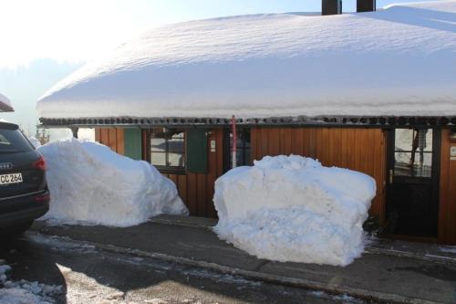 duas pilhas de neve em frente a uma casa em Ferienhaus Alpkönigin in Missen mit Garten und Terrasse em Missen-Wilhams