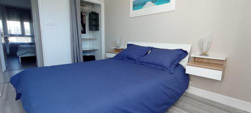 Cette chambre blanche dispose d'un lit bleu et d'une fenêtre. dans l'établissement Le Belle vue, à Saint-Étienne