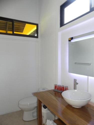 een badkamer met een wastafel, een toilet en een spiegel bij Villa El Tucán in Bijagua