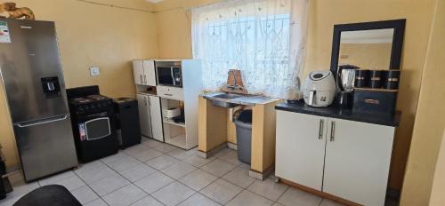 a kitchen with a counter and a sink and a refrigerator at Mandoland in Manzini
