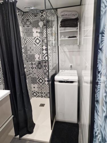 W łazience znajduje się prysznic, toaleta i umywalka. w obiekcie Maisonnette à 200m de la plage avec parking gratuit w mieście Berck-sur-Mer