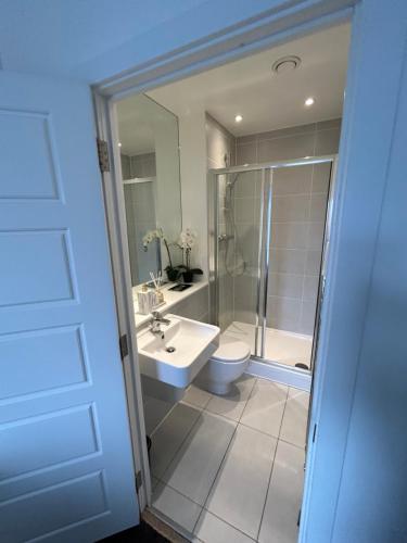 a bathroom with a shower and a sink and a toilet at Contemporary Urban Retreat, 2-Bedroom Haven by London City Airport in London