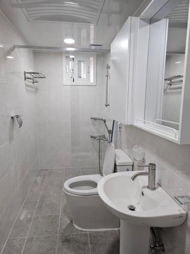 a white bathroom with a toilet and a sink at Ssuny house in Seoul