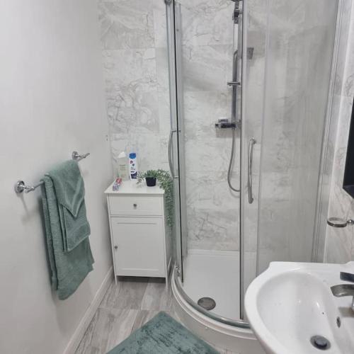 a bathroom with a shower and a sink at Stylish Apartment, self check-in, Ideal 4 Contractors, 25mins to Gatwick Airport in Thornton Heath